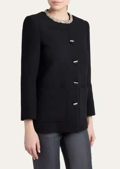Valentino Garavani Crystal Embroidered Collarless Single-Breasted Coat | Thumbnail 4 Valentino Garavani Crystal Embroidered Collarless Single-Breasted Coat | Thumbnail 4