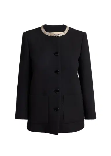 Valentino Garavani Crystal Embroidered Collarless Single-Breasted Coat | Thumbnail 1 Valentino Garavani Crystal Embroidered Collarless Single-Breasted Coat | Thumbnail 1