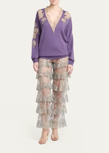 Valentino Garavani Lace-Inset Plunging Wool Sweater | Thumbnail 2 Valentino Garavani Lace-Inset Plunging Wool Sweater | Thumbnail 2