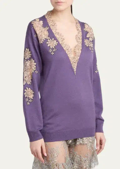 Valentino Garavani Lace-Inset Plunging Wool Sweater | Thumbnail 4 Valentino Garavani Lace-Inset Plunging Wool Sweater | Thumbnail 4