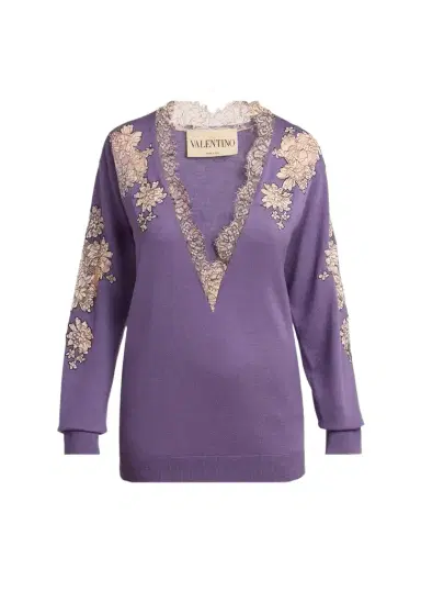 Valentino Garavani Lace-Inset Plunging Wool Sweater | Thumbnail 1 Valentino Garavani Lace-Inset Plunging Wool Sweater | Thumbnail 1