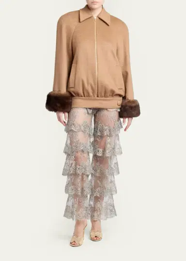 Valentino Garavani Lamb Shearling Cuffs Brushed Camel Zip Jacket | Thumbnail 2