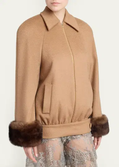 Valentino Garavani Lamb Shearling Cuffs Brushed Camel Zip Jacket | Thumbnail 4