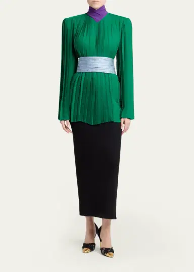 Valentino Garavani Mock-Neck Pleated Silk Long-Sleeve Top | Thumbnail 2