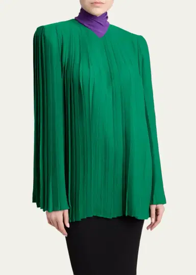 Valentino Garavani Mock-Neck Pleated Silk Long-Sleeve Top | Thumbnail 4