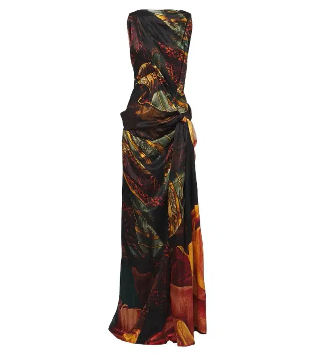 Dries Van Noten Printed draped silk satin gown