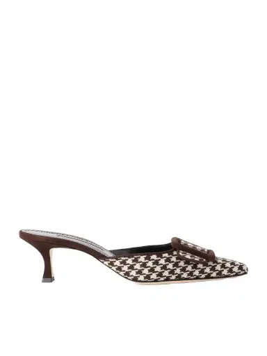Manolo Blahnik Mayslibi 50 Suede-trimmed Houndstooth Woven Mules | Thumbnail 1 Manolo Blahnik Mayslibi 50 Suede-trimmed Houndstooth Woven Mules | Thumbnail 1