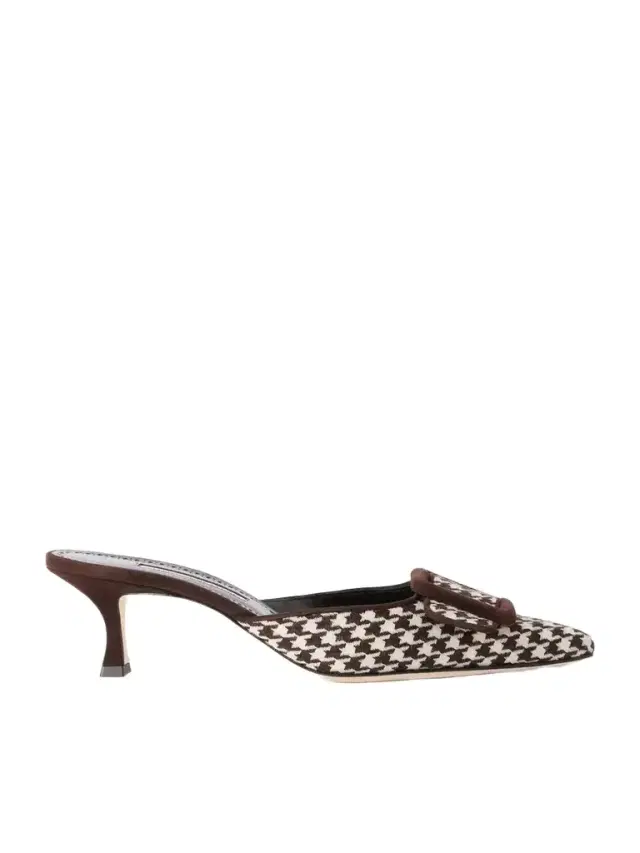 Manolo Blahnik Mayslibi 50 Suede-trimmed Houndstooth Woven Mules
