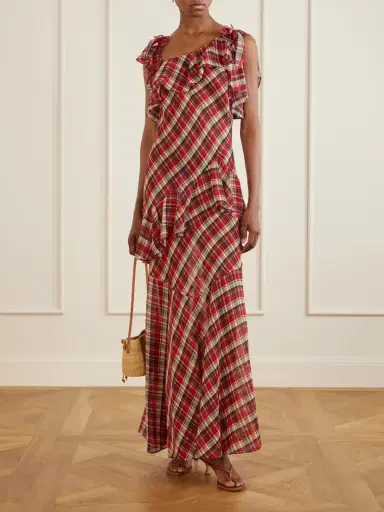 DÔEN Fernanda Ruffle Tiered Checked Silk-satin Maxi Dress | Thumbnail 2 DÔEN Fernanda Ruffle Tiered Checked Silk-satin Maxi Dress | Thumbnail 2