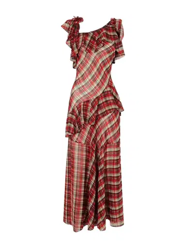 DÔEN Fernanda Ruffle Tiered Checked Silk-satin Maxi Dress | Thumbnail 1 DÔEN Fernanda Ruffle Tiered Checked Silk-satin Maxi Dress | Thumbnail 1