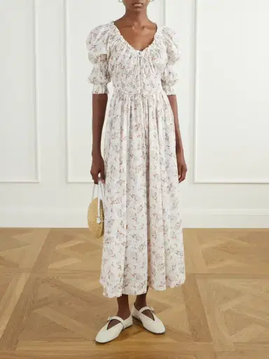 DÔEN Ischia Floral-print Gathered Organic Cotton-voile Midi Dress | Thumbnail 2 DÔEN Ischia Floral-print Gathered Organic Cotton-voile Midi Dress | Thumbnail 2