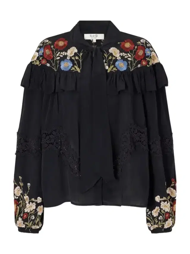 Ruwa Ruffled Embroidered Lace-trimmed Crepe Blouse Ruwa Ruffled Embroidered Lace-trimmed Crepe Blouse