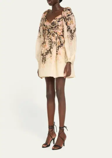 Zimmermann Degrade Floral-Print Long-Sleeve Draped Mini Dress | Thumbnail 4
