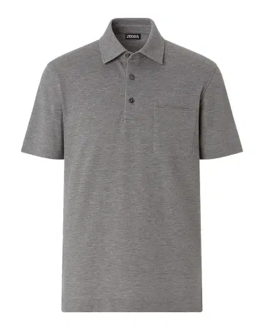 Zegna Men's Cotton Polo Shirt with Leather-Trim Pocket | Thumbnail 2