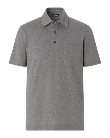 Zegna Men's Cotton Polo Shirt with Leather-Trim Pocket | Thumbnail 1