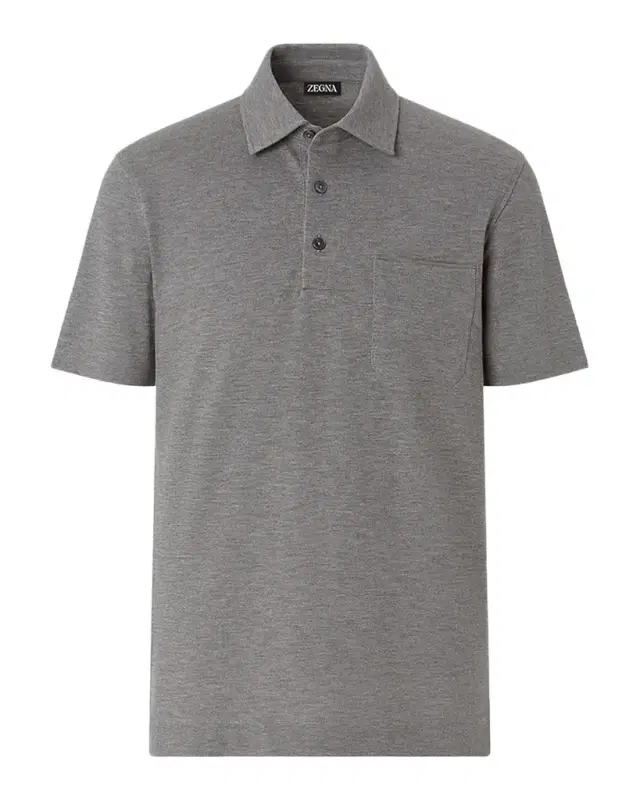 Zegna Men's Cotton Polo Shirt with Leather-Trim Pocket