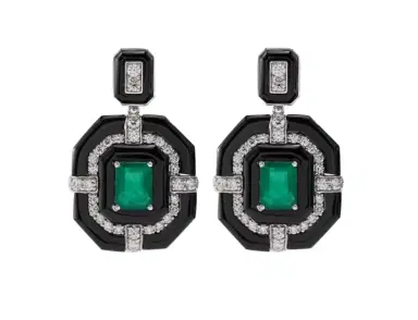 Wish Fine Jewelry 6.24ct Diamond Emerald Onyx 18K Gold Statement Drop Earrings | Thumbnail 1