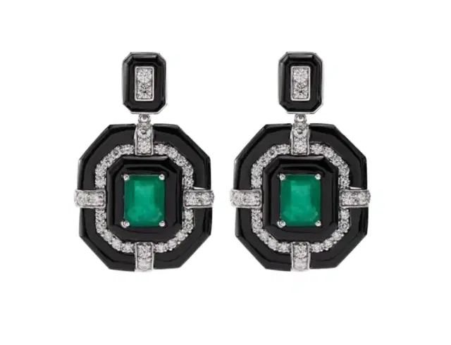 Wish Fine Jewelry 6.24ct Diamond Emerald Onyx 18K Gold Statement Drop Earrings