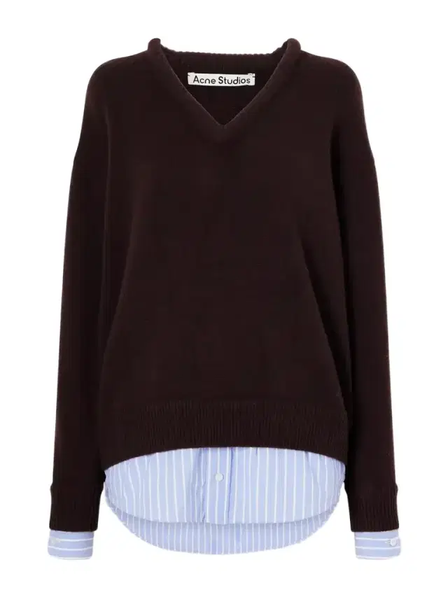 Layered Striped Poplin-trimmed Wool Sweater