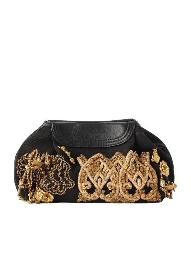 Dries Van Noten Bead-embellished Embroidered Leather-trimmed Cotton-twill Clutch