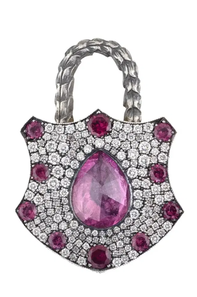 SEVAN BICAKCI Pink Sapphire Rhodolite Diamond Shield Padlock Pendant