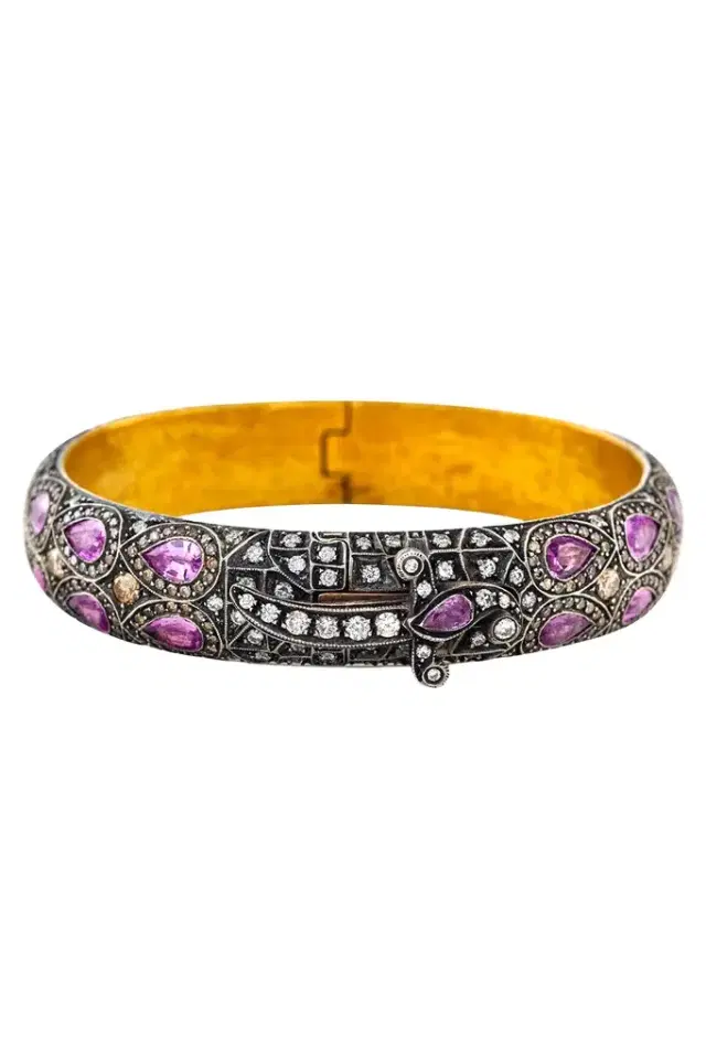 Pink Sapphire Diamond Wide Bangle Bracelet