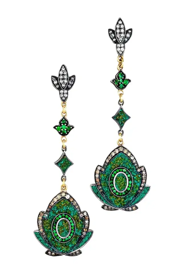 Green Garnet Yellow Brown Diamond Mosaic Drop Earrings