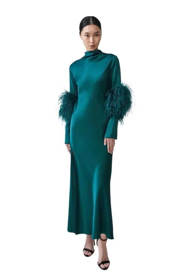 Lapointe Satin Draped Neck Bias Dress With Feathers