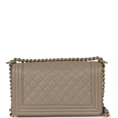 Chanel Pre-owned Chanel Medium Boy Bag Dark Beige Shiny Caviar Light Gold Hardware | Thumbnail 4