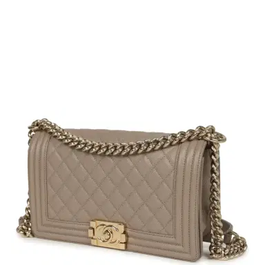 Chanel Pre-owned Chanel Medium Boy Bag Dark Beige Shiny Caviar Light Gold Hardware | Thumbnail 5