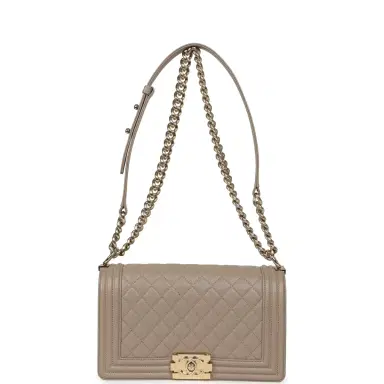 Chanel Pre-owned Chanel Medium Boy Bag Dark Beige Shiny Caviar Light Gold Hardware | Thumbnail 7