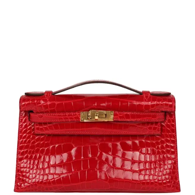 HERMÈS Pre-owned Hermes Kelly Pochette Braise Shiny Alligator Gold Hardware