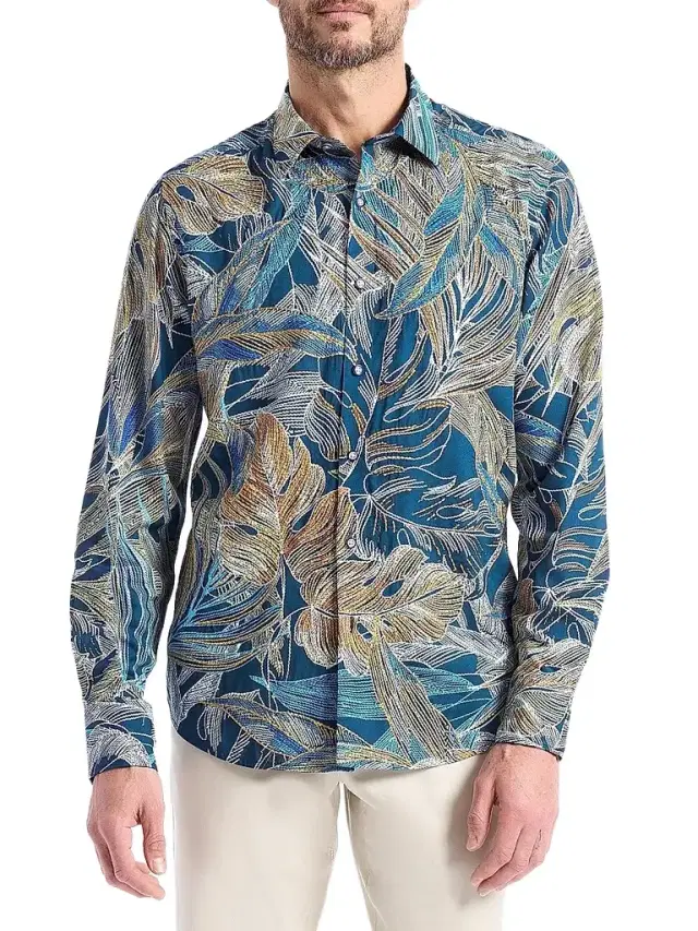 Robert Graham Men's Chorro Embroidered Leaf Print Shirt