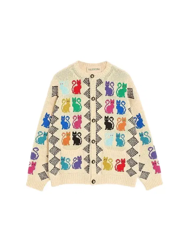 Valentino Men's Wool Cardigan With Le Chat De La Maison Jacquard Pattern