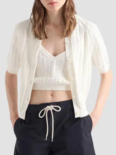 Prada Women's Short-Sleeved Openwork Cotton Cardigan | Thumbnail 3