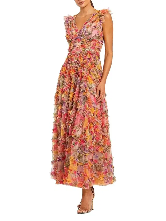 Mac Duggal Women's Petite Floral Tulle Ruffle Maxi Dress