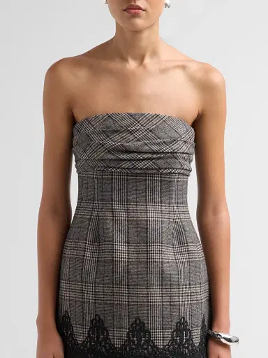 Cara Cara Women's Ina Lace-Trim Glen Plaid Strapless Mini Dress | Thumbnail 5 Cara Cara Women's Ina Lace-Trim Glen Plaid Strapless Mini Dress | Thumbnail 5