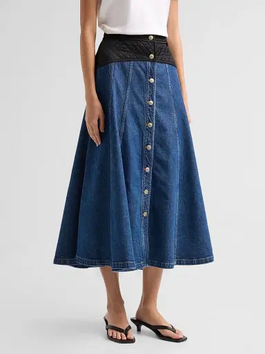 Cinq à Sept Women's Quentin Mixed-Media Quilted Denim Midi Skirt | Thumbnail 4