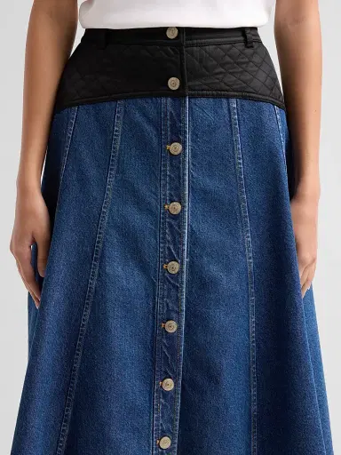 Cinq à Sept Women's Quentin Mixed-Media Quilted Denim Midi Skirt | Thumbnail 5