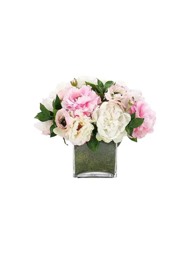 NDI Peonies & Ranunculus Faux Floral Arrangement in Moss Glass Cube