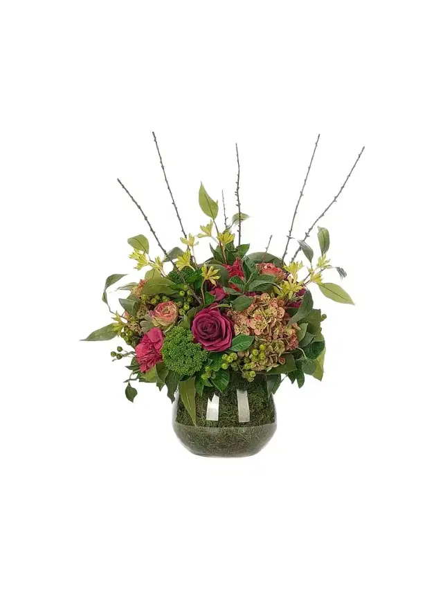 NDI Roses & Hydrangeas Faux Floral Arrangement in Moss Glass Vase