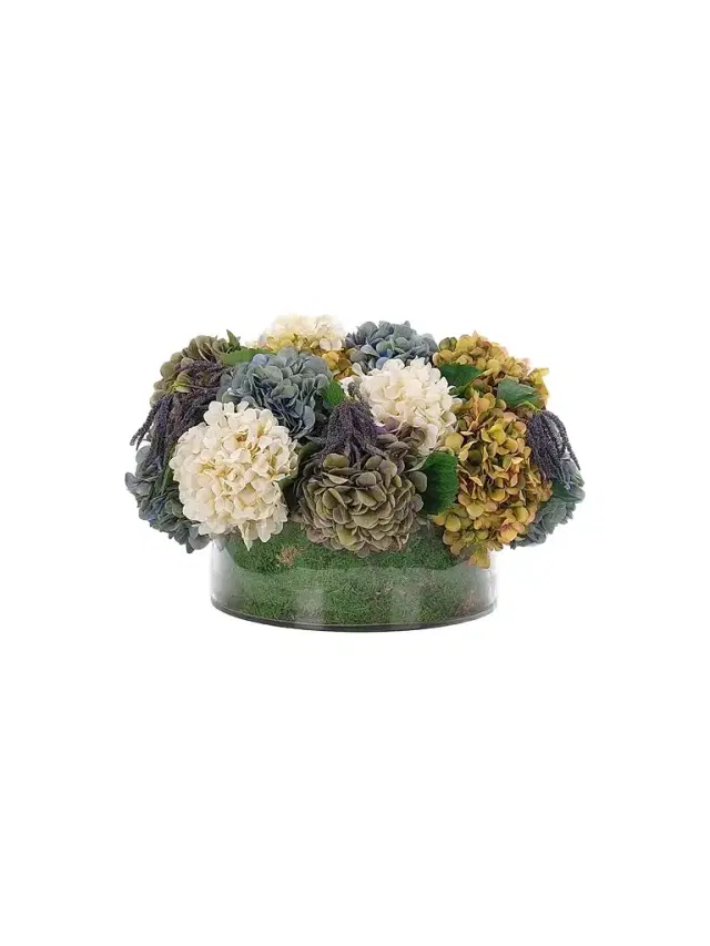NDI Hydrangeas Faux-Floral Arrangement in Moss Glass Vase