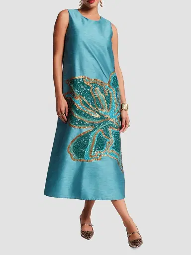 Frances Valentine Women's Alice Satin Sequin-Embellished Floral A-Line Midi Dress | Thumbnail 2