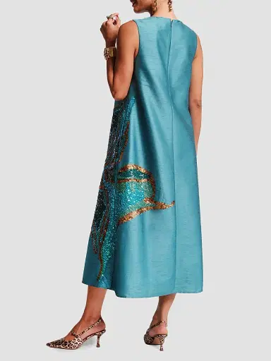 Frances Valentine Women's Alice Satin Sequin-Embellished Floral A-Line Midi Dress | Thumbnail 3