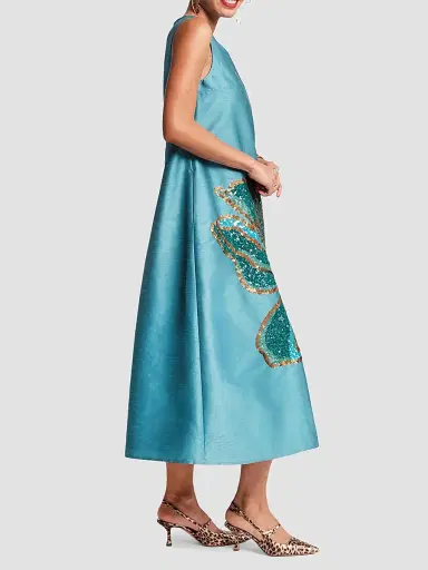 Frances Valentine Women's Alice Satin Sequin-Embellished Floral A-Line Midi Dress | Thumbnail 4