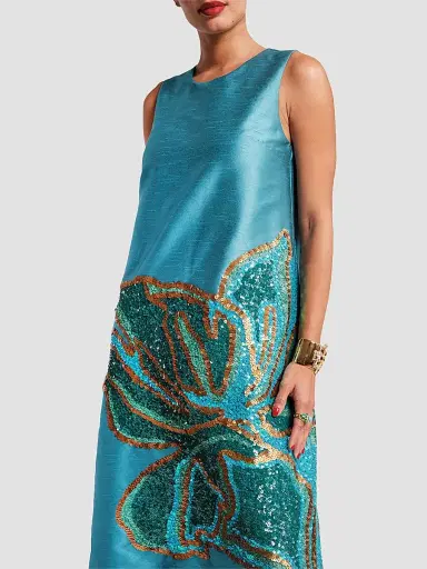 Frances Valentine Women's Alice Satin Sequin-Embellished Floral A-Line Midi Dress | Thumbnail 5