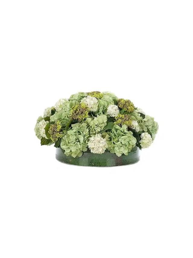NDI Snowball Hydrangeas Faux Floral Arrangement in Moss Glass Vase