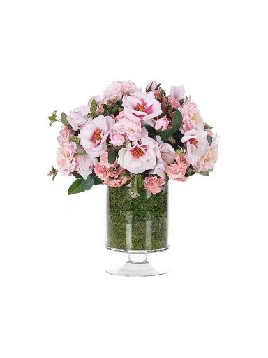 NDI Faux Rose Arrangement With Moss In Glass Footed Vase | Thumbnail 1