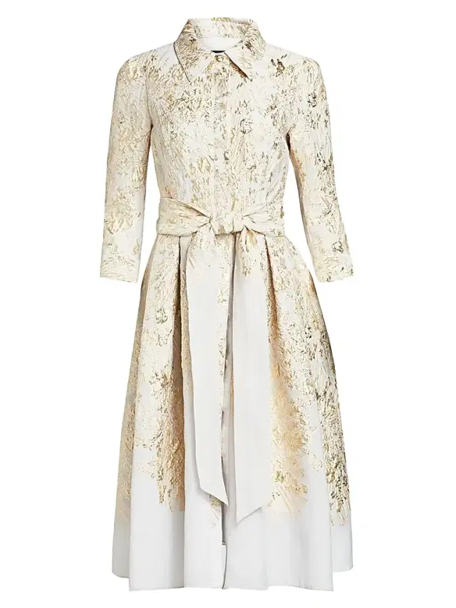 Teri Jon by Rickie Freeman Women's Point Collar Metallic Jacquard Cocktail Dress