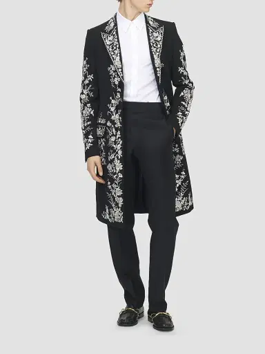 Alexander McQueen Men's Floral-Embroidered Wool Longline Coat | Thumbnail 2